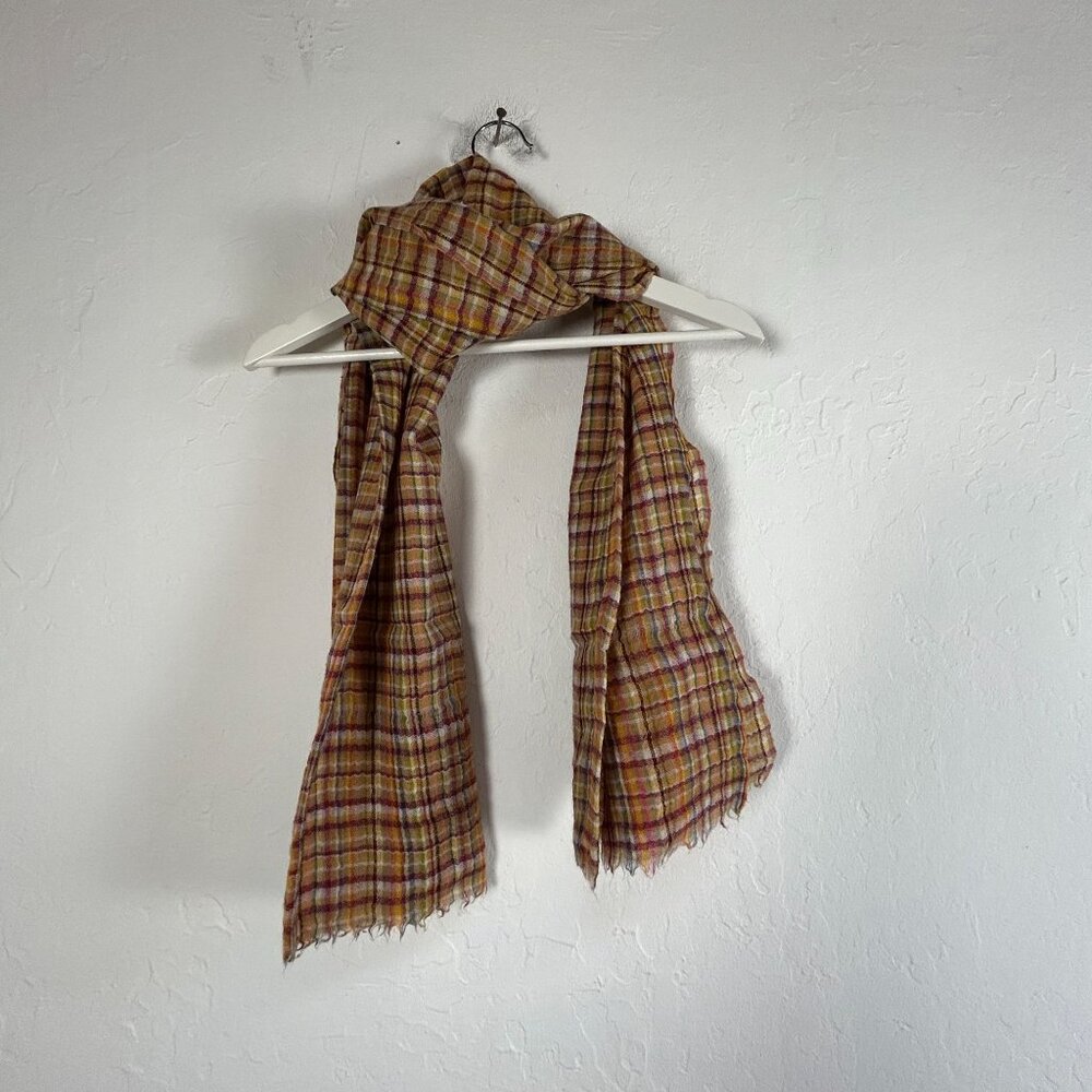 Womens Wool Plaid Scarf Wrap Shawl Lightweight Frayed Edges Brown Yellow 70x25